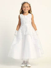 First Communion Tea Length Dress With Embroidered Lace And Sequins
